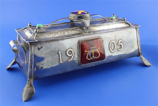 An early 20th century Arts & Crafts white metal, enamel and cabochon stone set Freedom Casket by The St. Albans School of Art,